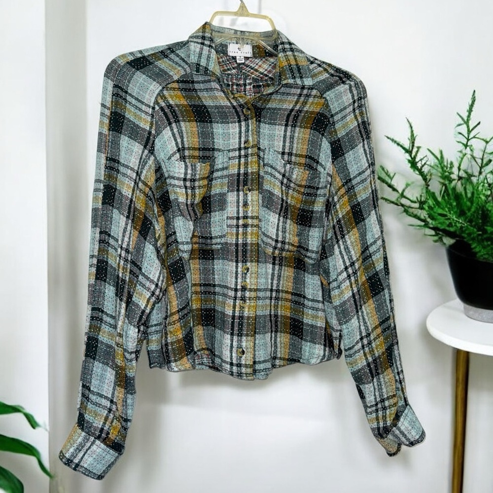 True Craft Plaid Cropped Button-Down Shirt - Blue, Gray, Gold size S